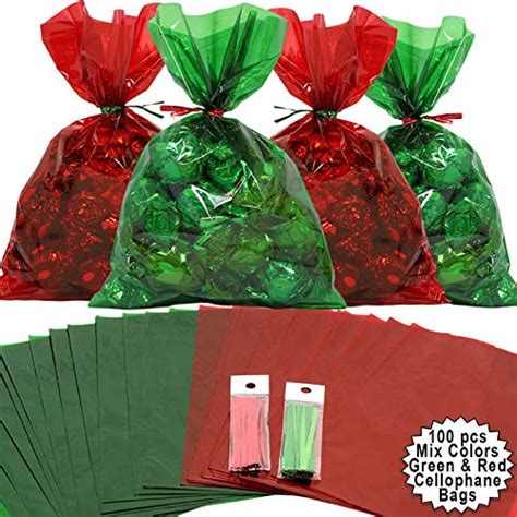 Holiday Clear Cellophane Treat Bags With Red And Green Polka Dot Party