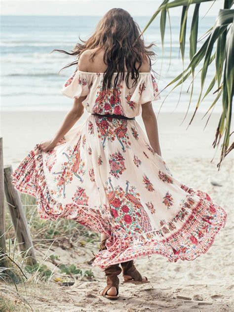 Pretty Bohemia Floral Off Shoulder Short Sleeve Beach Dress Maxi Dress Printed Summer Dresses