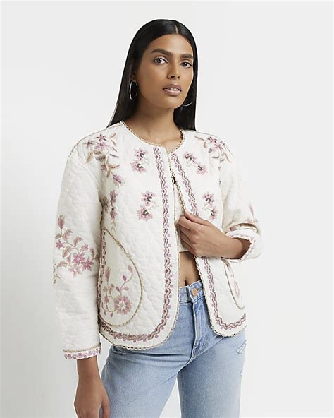 Cream Floral Embroidered Jacket River Island