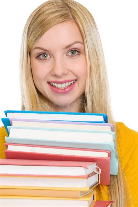 Happy Student Girl Holding Stack Of Books Stock Image Image Of Pile