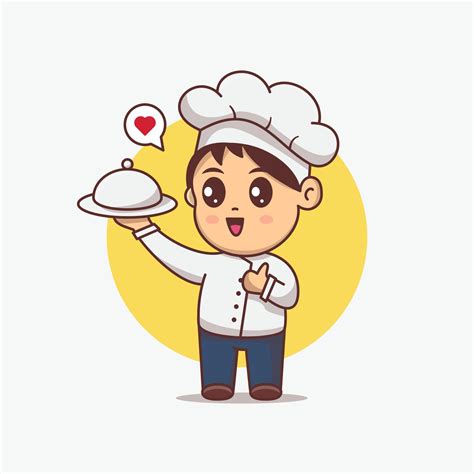 Cute Chef Boy Serving Food Illustration Kawaii Cartoon Character