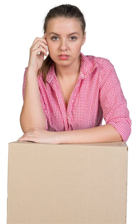Woman Leaning On Cardboard Box Stock Image Image Of Young Copyspace 49915075
