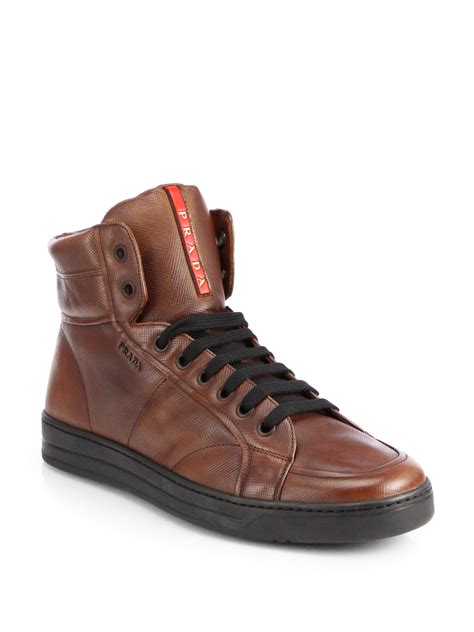 Prada Leather Hightop Sneakers In Brown For Men Lyst