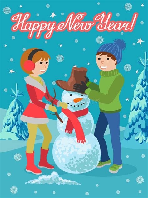 Happy Couple Of Young People Sculpts Snowman Vector Illustration Card
