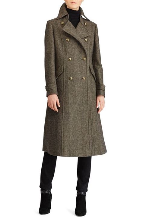 Lauren Ralph Lauren Herringbone Wool Blend Long Military Coat