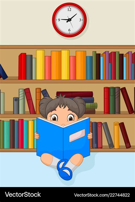 Girl Cartoon Reading A Book In Library Royalty Free Vector