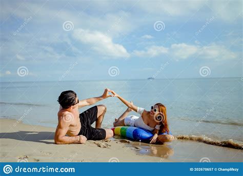 Couple Young Man And Woman Dating On The Beach Travel Happy Romantic