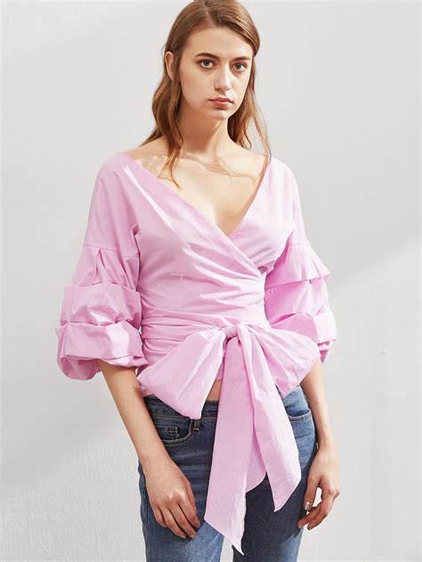 Ruched Sleeve Bow Tie Waist Surplice Blouse Sheinsheinside