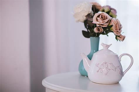 Hd Wallpaper White Ceramic Teapot Near Flower Arrangement On White