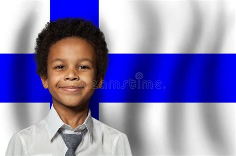 Finnish Kid Boy On Flag Of Finland Background Education And Childhood