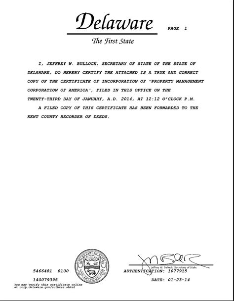 Delaware Certified Copy Of Articles Of Incorporation Peringkat