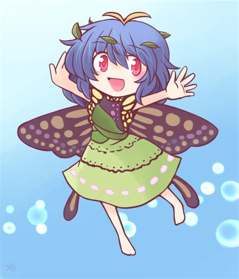 Safebooru 1girl 216 Antennae Aqua Hair Barefoot Blush Butterfly Wings Dress Eternity Larva