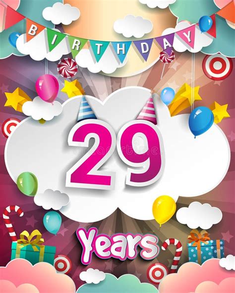29th Birthday Celebration Greeting Card Design With Clouds And