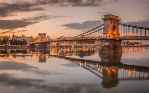 Wallpaper Hungary Budapest Chain Bridge Danube River Dusk Lights 1920x1200 Hd Picture Image