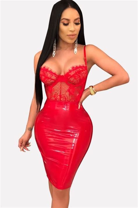 red faux leather lace splicing spaghetti straps sexy bodycon dress in 2022 bodycon dress sexy
