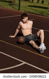Sexy Shirtless Basketball Player Ball Sitting Stock Photo