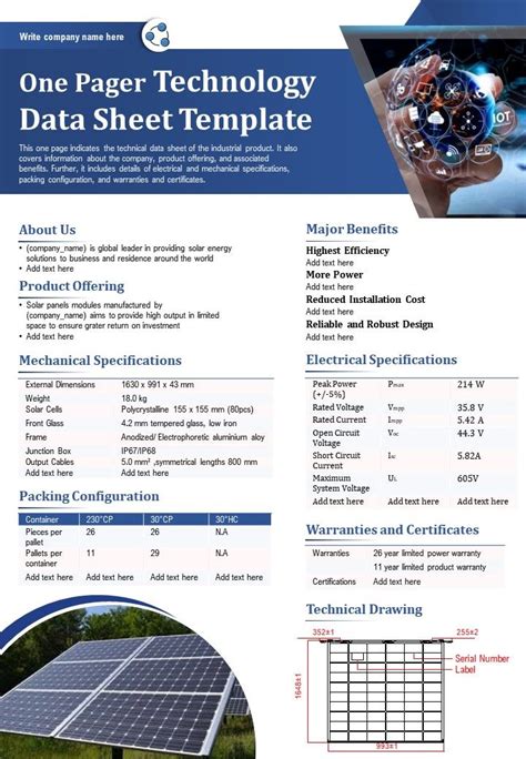 One Pager Technology Data Sheet Template Presentation Report