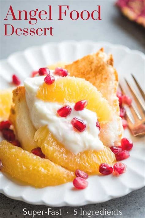 My delicious angel food cake is light as air, soft as clouds and just about perfect with a dollop of whipped cream and a smattering of berries. Quick and Healthy Angel Food Cake Dessert with Vanilla-Honey Oranges | Angel food cake desserts ...