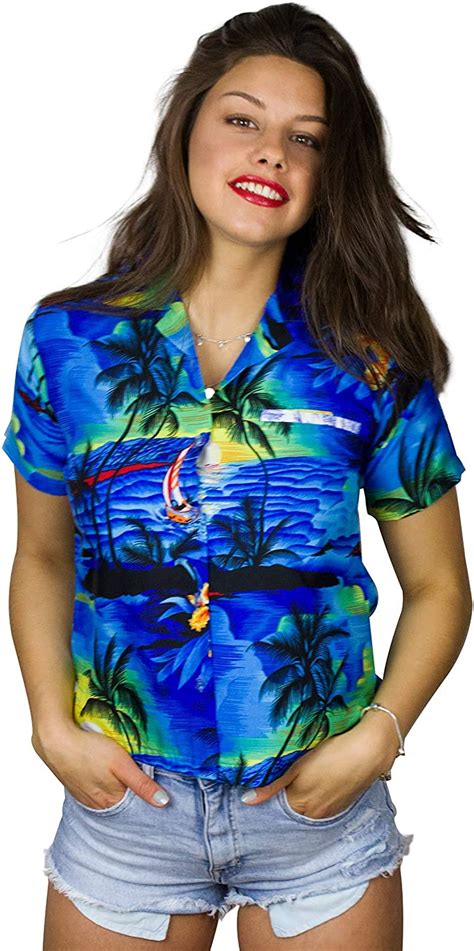 King Kameha Funky Hawaiibluse Hawaiihemd Damen Kurzarm Fronttasche Hawaii Print Strand Surf