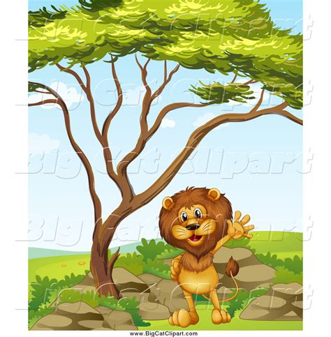Big Cat Cartoon Vector Clipart Of A Lion Waving Under A Tree On A Clear