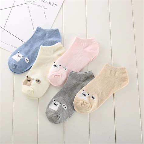 5 Pairspack New Arrival Women Sock Cartoon Polar Bear Candy Color Breathable Cotton Short Sock
