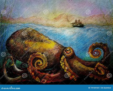Giant Octopus Sea Monster Stock Illustration Illustration Of Boat