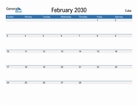 Editable February 2030 Calendar With Cuba Holidays