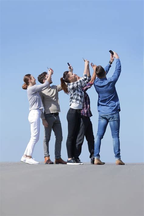 Rear View Happy Friends Doing A Selfie Stock Photo Image Of Concept