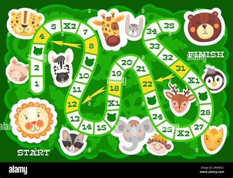 Kids board game funny african and forest animals. Vector step boardgame