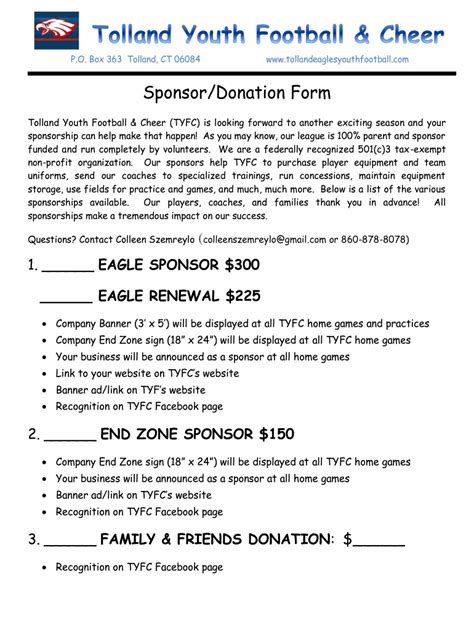 Tolland Eagles Youth Football And Cheerleading Sponsordonation Form 2019