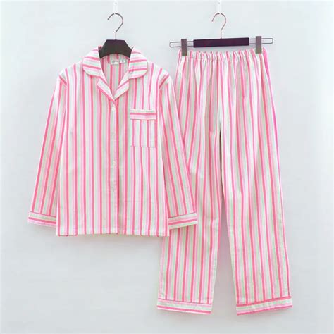 Pink Striped Pajamas Women Brushed Cotton Pijama Long Sleeve Elastic Waist Pants Autumn Spring