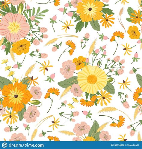 Floral Seamless Pattern Cute Spring Background With Flowers Blooming