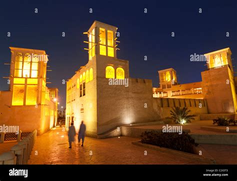 Bastakia Or Al Bastakiya Quarter At Night In Old Dubai Bur Dubai