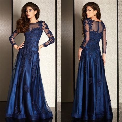 2016 new sheer o neck long illusion sleeves a line dark royal blue tulle appliques beaded lace