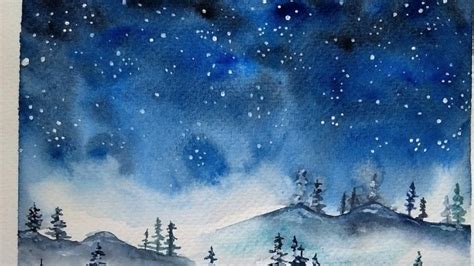 Painting A Winter Landscape And Starry Night Sky With Watercolors