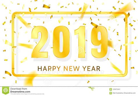 Happy New Year 2019 Golden Numbers With Ribbons And Confetti On A