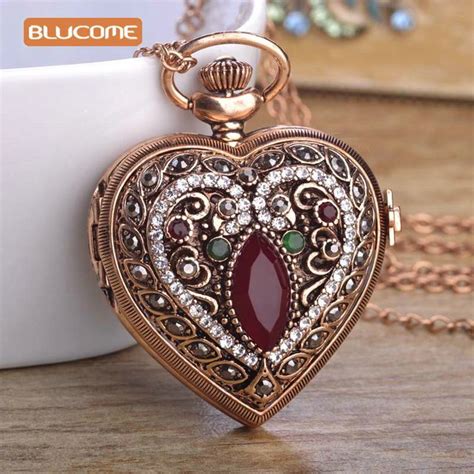 blucome love heart red pocket watches for women sweater vintage turkish pendant necklace bronze