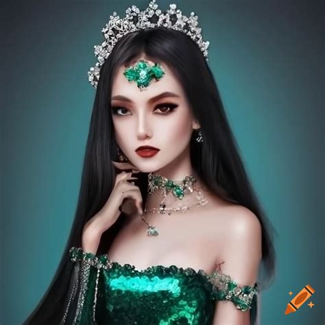 Image Of A Beautiful Princess In A Dark Green Sequin Dress