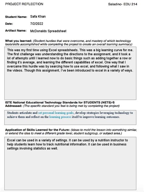 Spreadsheet Reflection Pdf