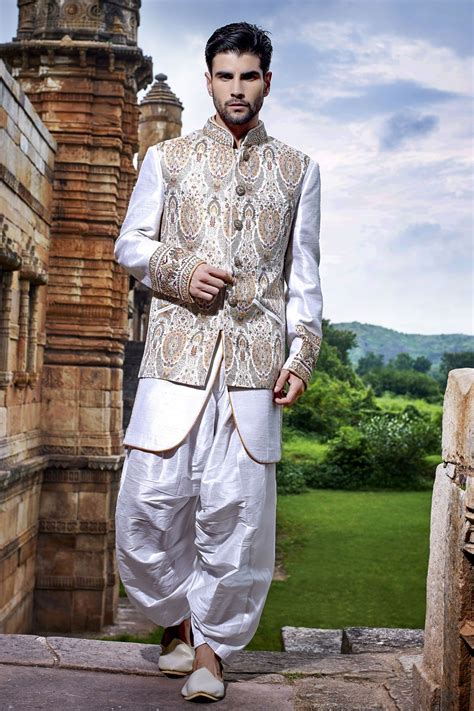 Metallic White And Gold Multicoloured Khinkwab And Raw Silk Jodhpuri Bandh