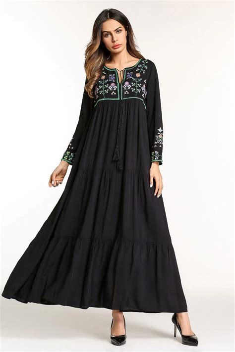 2018 New Arrivals Women Embroidery A Line Dress Lace Up V Neck Long Sleeve Casual Maxi Dress In