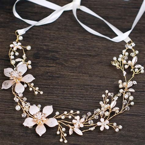 golden leaf wired crystal rhinestone pearls flower wedding hair accessories hair vine hairband