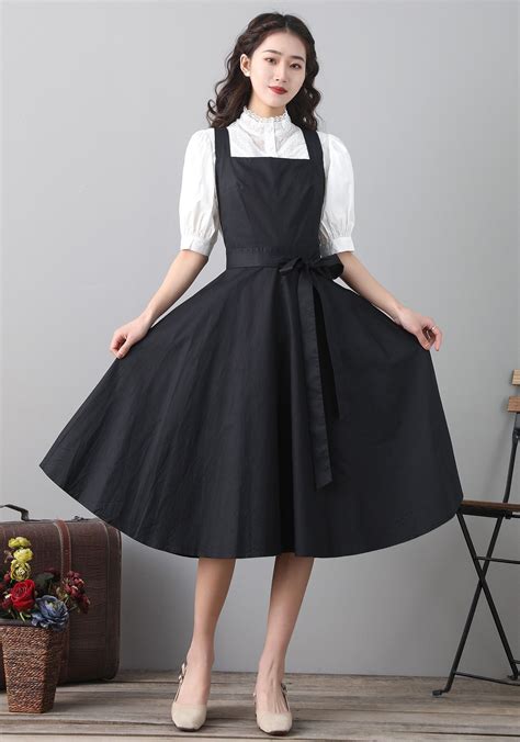 Black Pinafore Dress Suspender Dress Midi Dress For Women Fit And Flare Dress Summer Spring