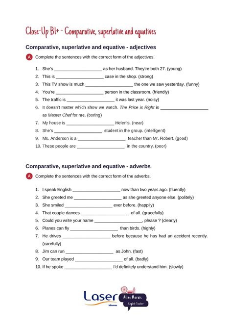Comparatives and superlatives free esl printable grammar worksheets, eal exercises, efl questions, tefl handouts, esol quizzes, multiple choice tests, elt a fun esl printable grammar exercise worksheet for kids to study and practise comparative and superlative forms of adjectives. Compartive, Superlative and Equatives - Adjectives and ...