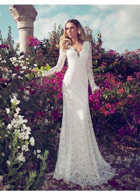 Sheathcolumn V Neck Long Sleeves Lace Wedding Dresses 2015 2242584