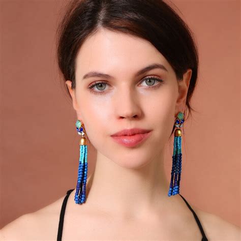 2017 Blue Long Beads Tassel Earrings Large Ear Jewelry Women Bijoux
