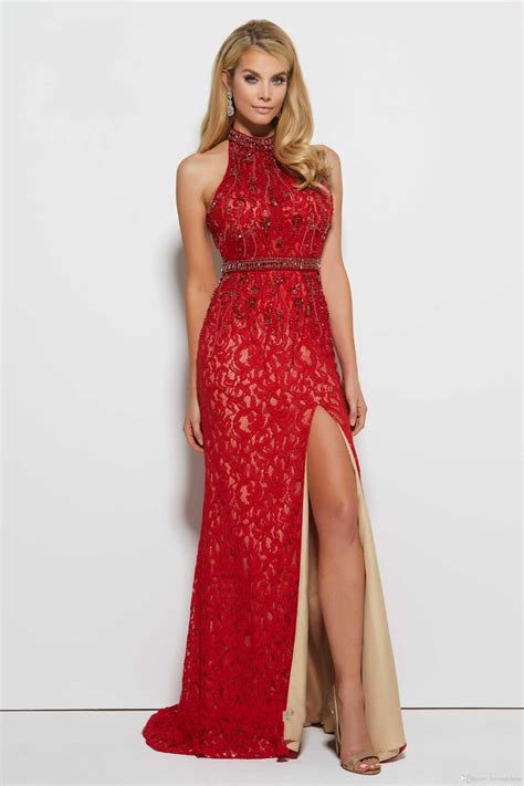 New Arrival Red Nude Lace Evening Dresses Cheap High Neck Crystal