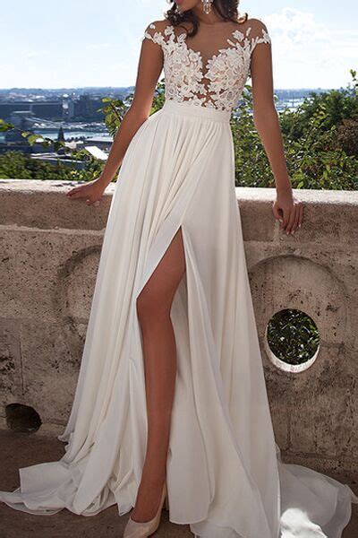 You can also wear a suit jacket or vest, but you can below is a collection of beautiful beach wedding dresses for guests. A-line Lace Beach Wedding Dresses,Front Slit See Through ...
