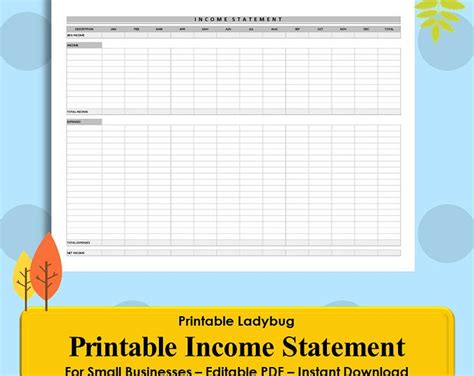 Printable Income Statement Business Finance Budget Template For