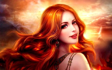 Fantasy Girl Smile Red Hair Face Beautiful Red